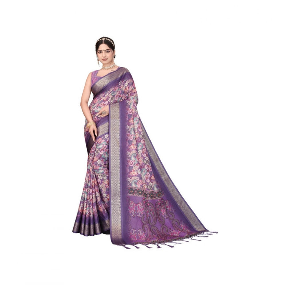 Cotton Silk Printed Saree With Unstitched Blouse 5.5Mtr (Sky Blue)