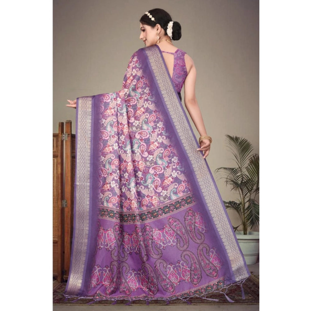 Cotton Silk Printed Saree With Unstitched Blouse 5.5Mtr (Sky Blue)