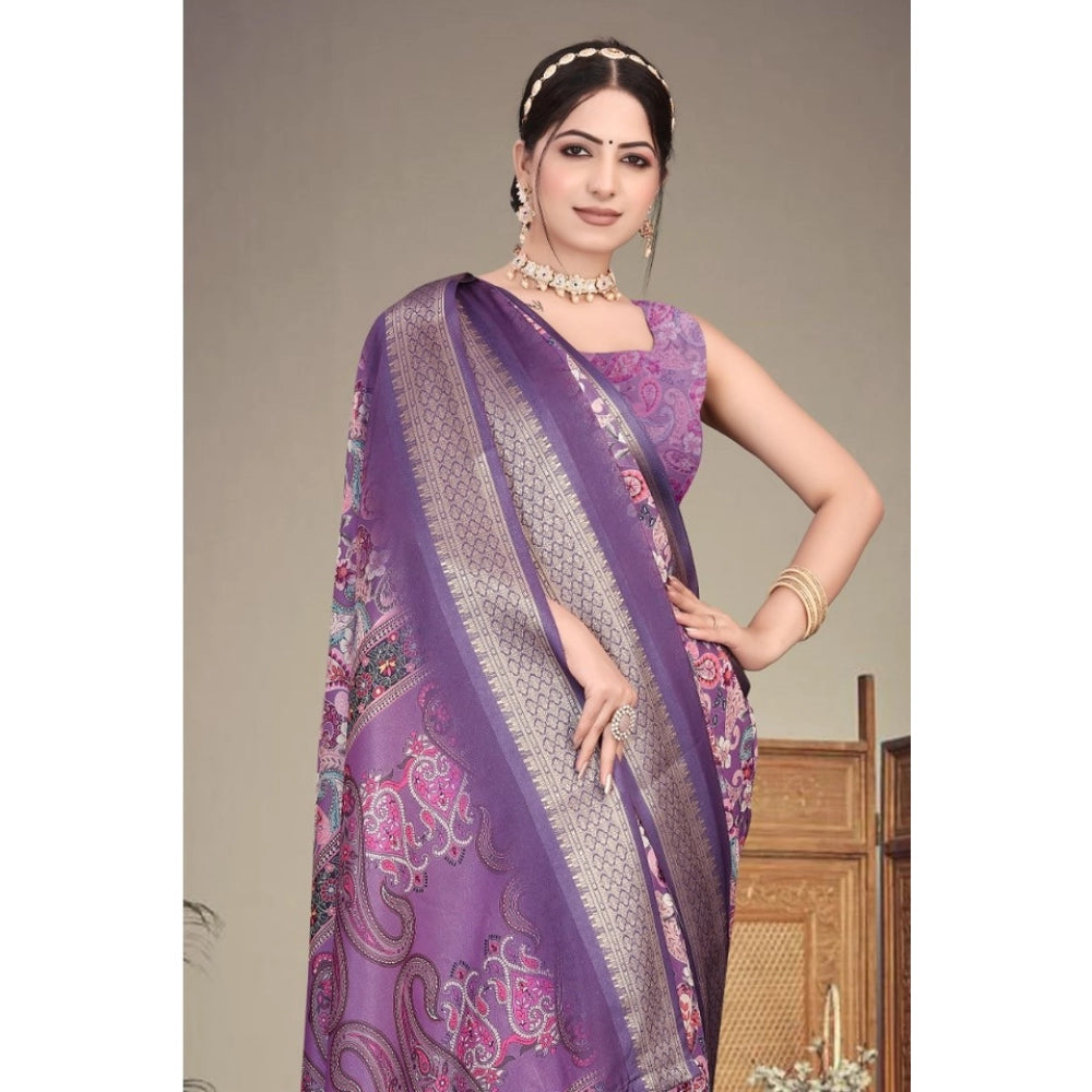Cotton Silk Printed Saree With Unstitched Blouse 5.5Mtr (Sky Blue)