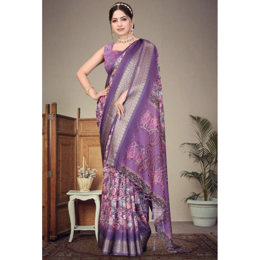 Cotton Silk Printed Saree With Unstitched Blouse 5.5Mtr (Sky Blue)