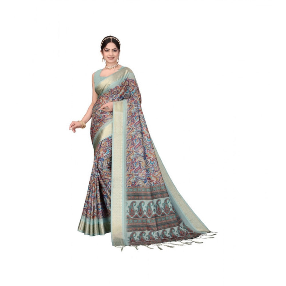Cotton Silk Printed Saree With Unstitched Blouse 5.5Mtr (Sky Blue)