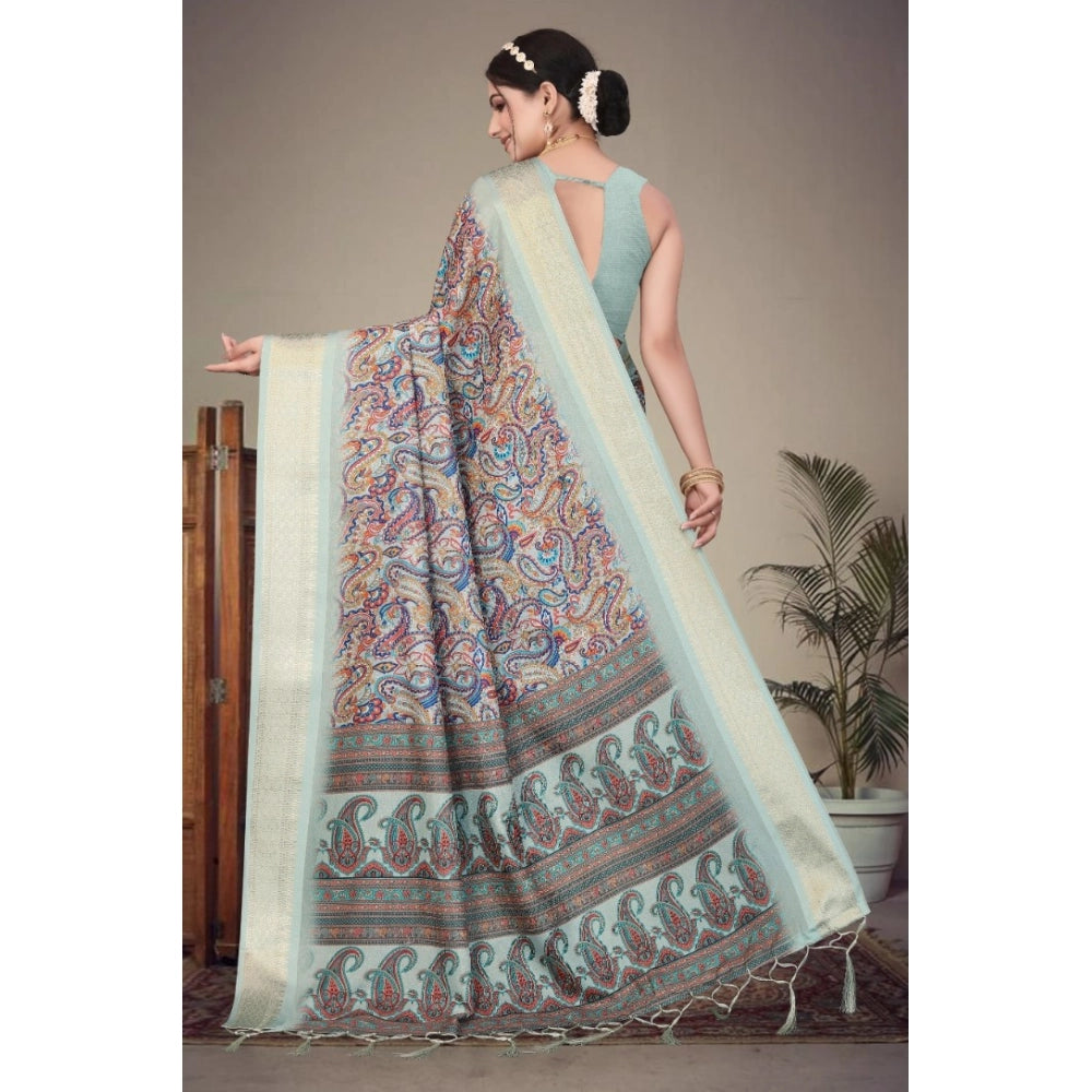 Cotton Silk Printed Saree With Unstitched Blouse 5.5Mtr (Sky Blue)