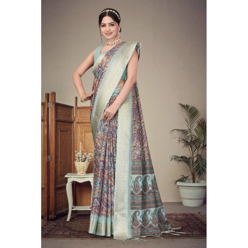 Cotton Silk Printed Saree With Unstitched Blouse 5.5Mtr (Sky Blue)