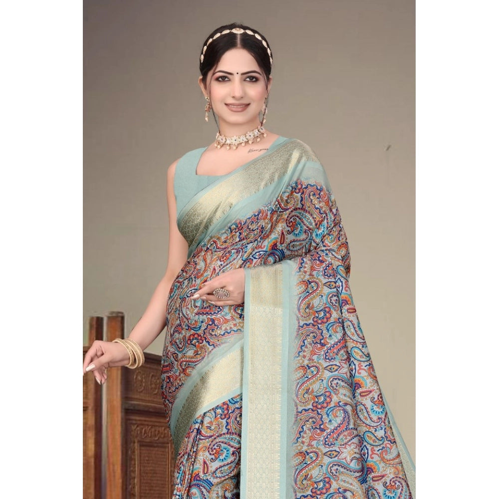 Cotton Silk Printed Saree With Unstitched Blouse 5.5Mtr (Sky Blue)