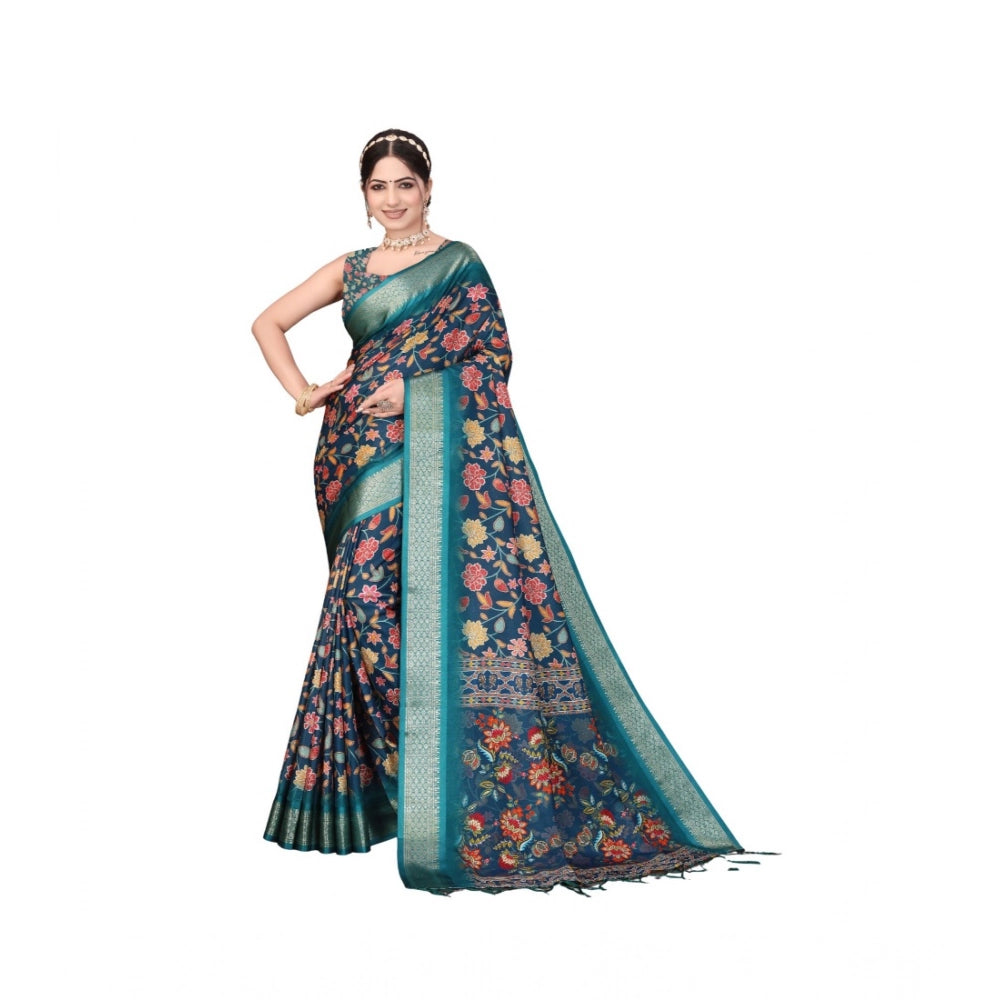 Cotton Silk Printed Saree With Unstitched Blouse 5.5Mtr (Sky Blue)