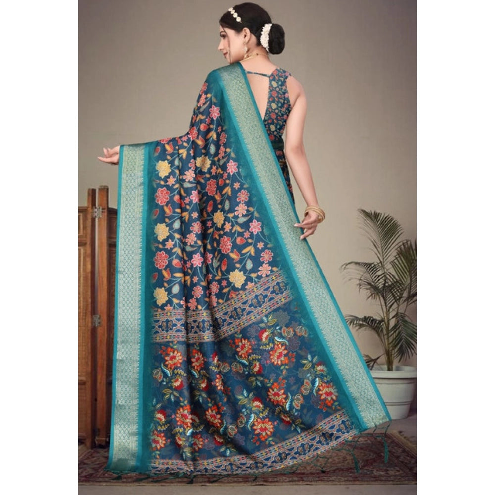Cotton Silk Printed Saree With Unstitched Blouse 5.5Mtr (Sky Blue)