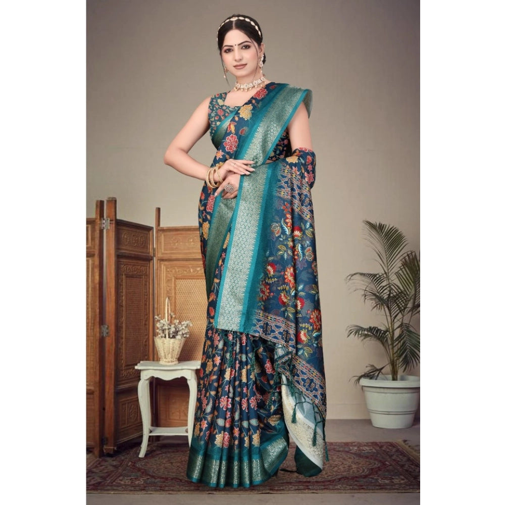 Cotton Silk Printed Saree With Unstitched Blouse 5.5Mtr (Sky Blue)