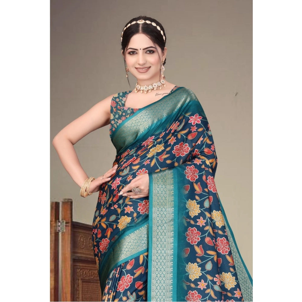 Cotton Silk Printed Saree With Unstitched Blouse 5.5Mtr (Sky Blue)
