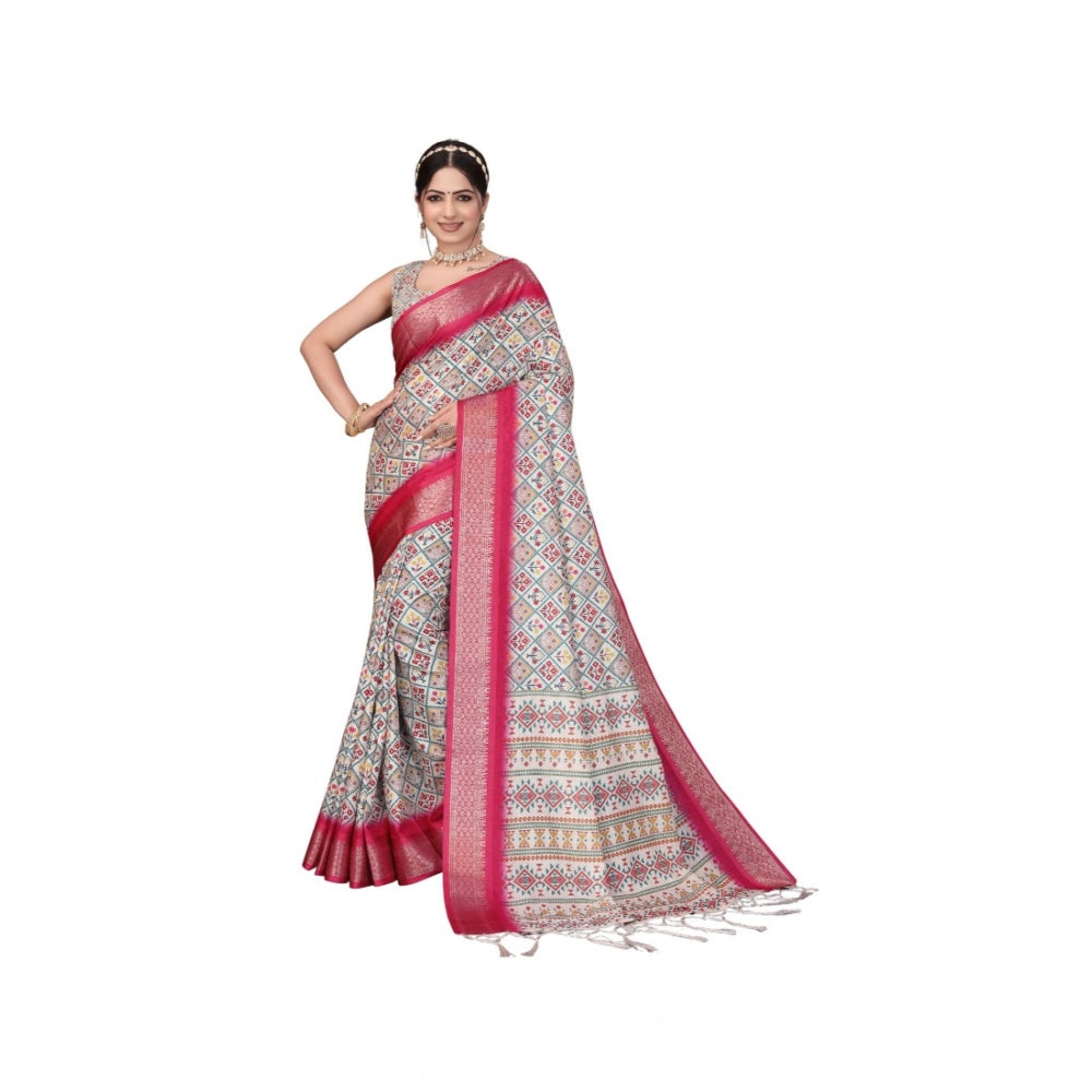 Cotton Silk Printed Saree With Unstitched Blouse 5.5Mtr (Sky Blue)