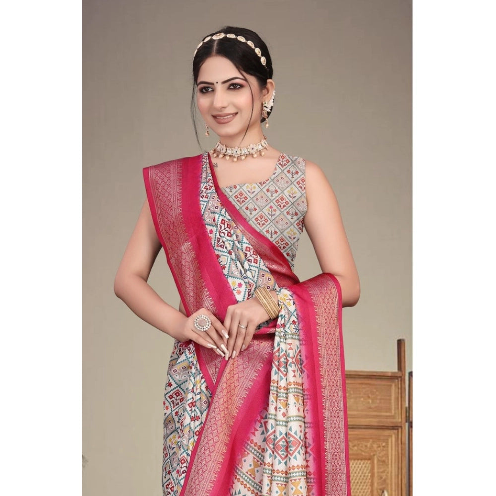 Cotton Silk Printed Saree With Unstitched Blouse 5.5Mtr (Sky Blue)