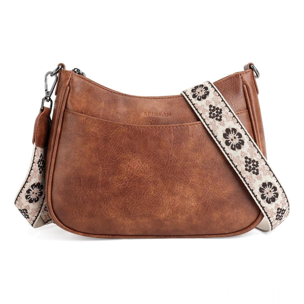 Women's PU Leather Zipper Sling Bag (Beige)