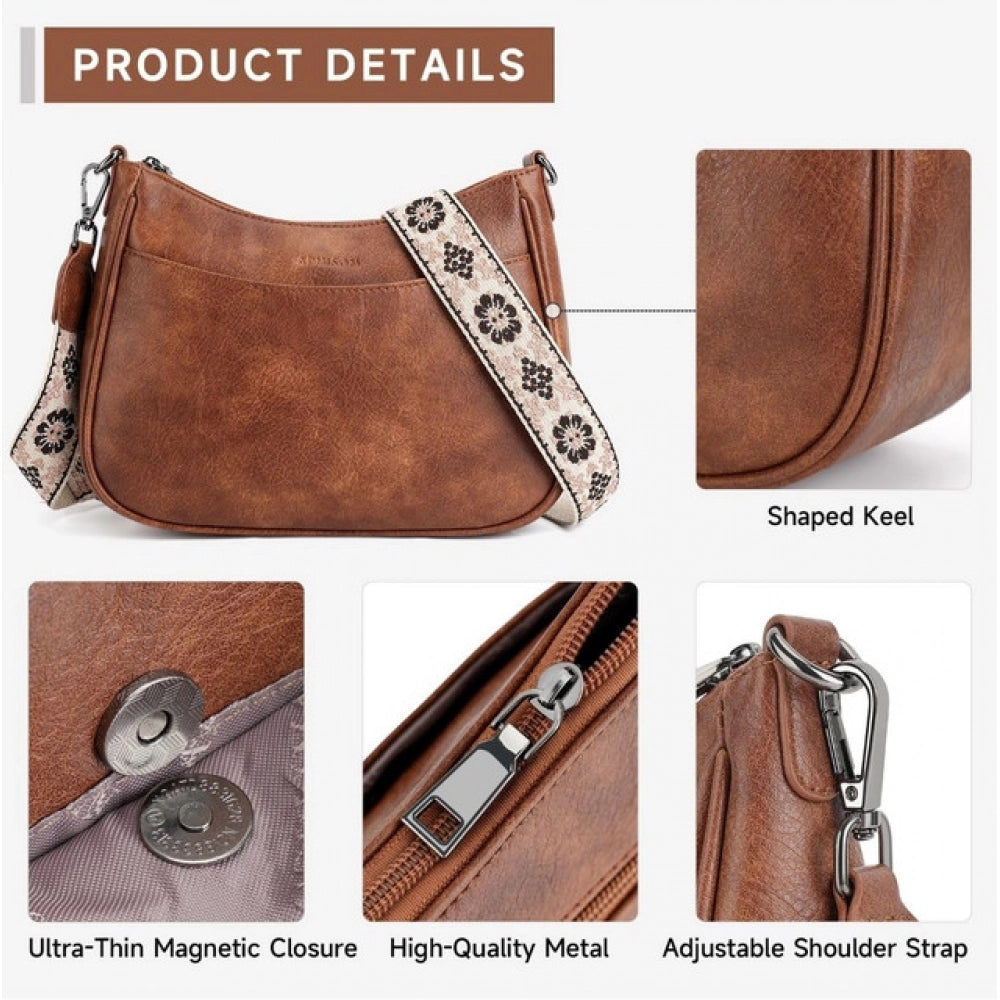 Women's PU Leather Zipper Sling Bag (Beige)
