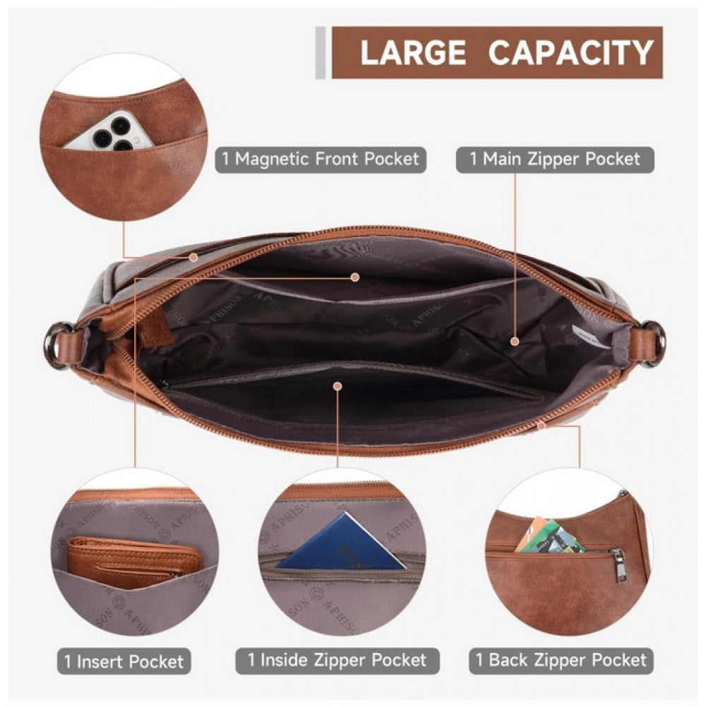 Women's PU Leather Zipper Sling Bag (Beige)