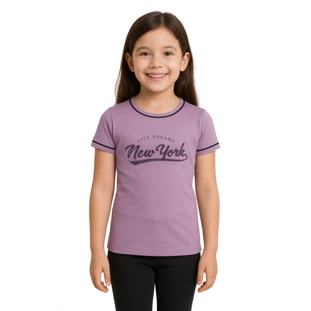 Girl's Cotton Printeded Round Neck T-Shirt (Black)