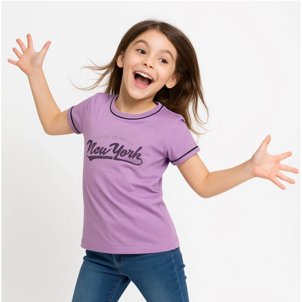 Girl's Cotton Printeded Round Neck T-Shirt (Black)