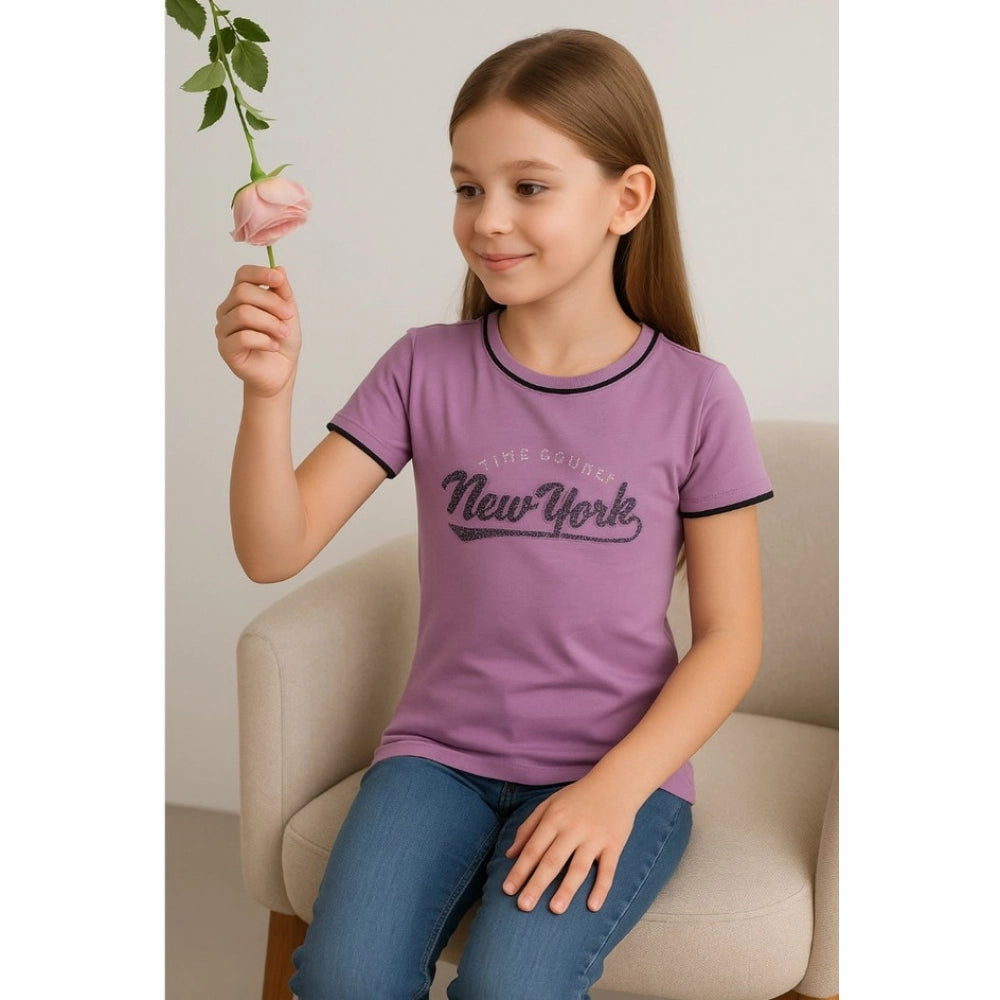 Girl's Cotton Printeded Round Neck T-Shirt (Black)