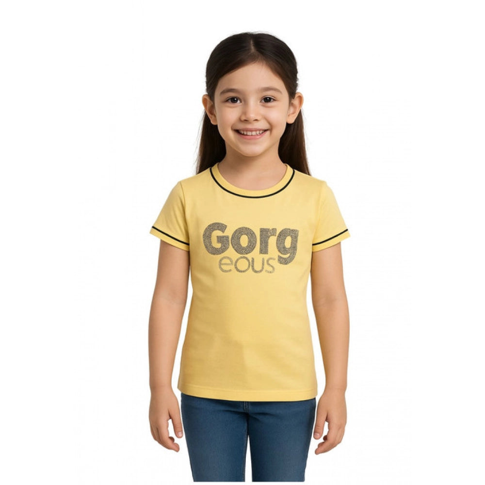 Girl's Cotton Printeded Round Neck T-Shirt (Black)