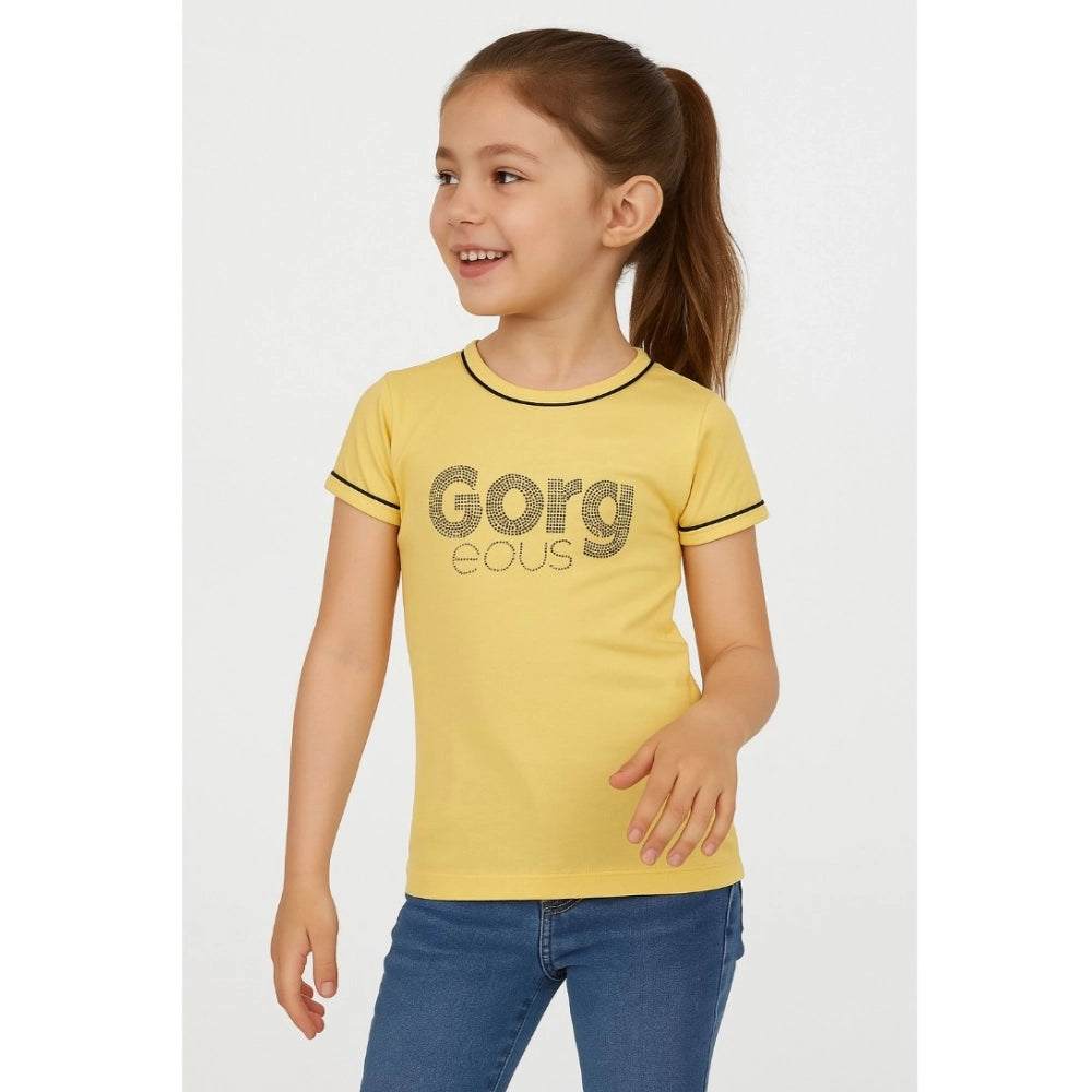 Girl's Cotton Printeded Round Neck T-Shirt (Black)