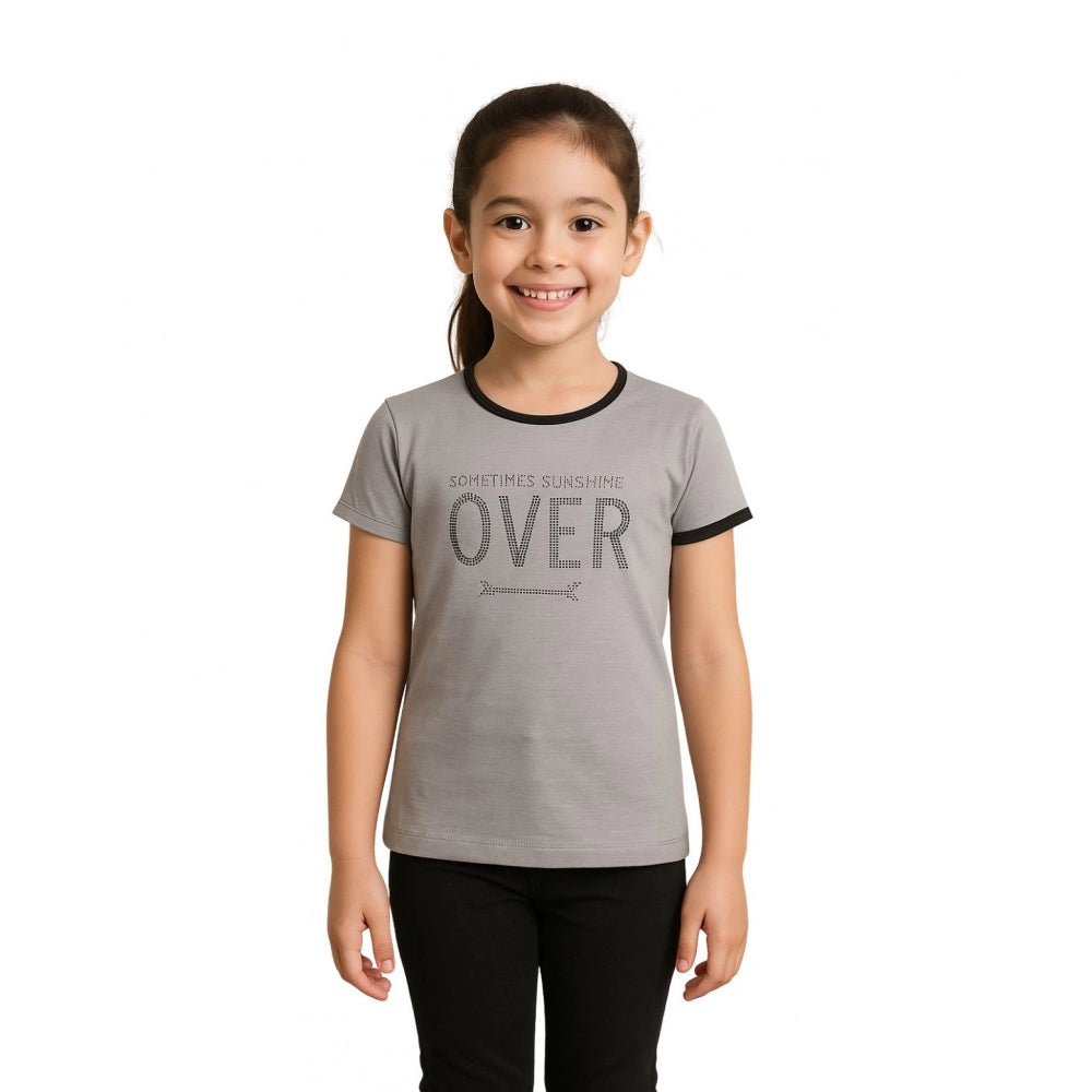 Girl's Cotton Printeded Round Neck T-Shirt (Black)