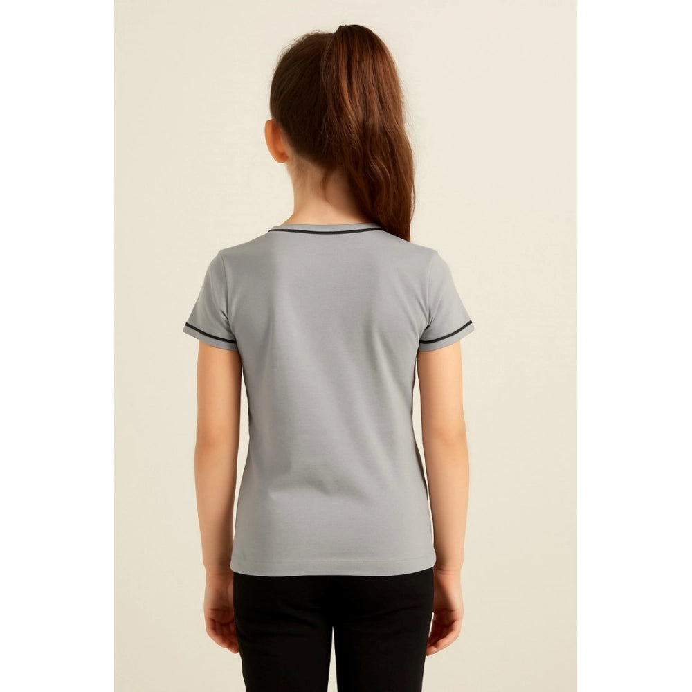 Girl's Cotton Printeded Round Neck T-Shirt (Black)
