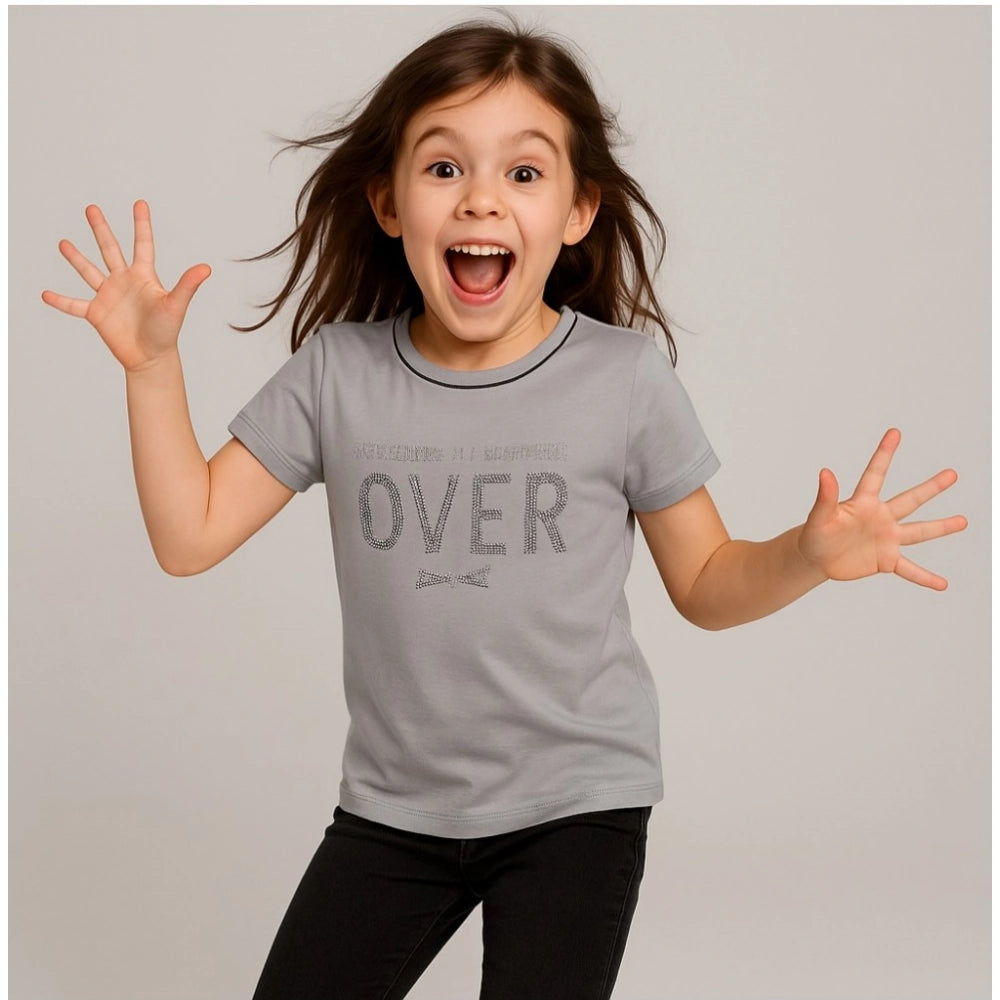 Girl's Cotton Printeded Round Neck T-Shirt (Black)
