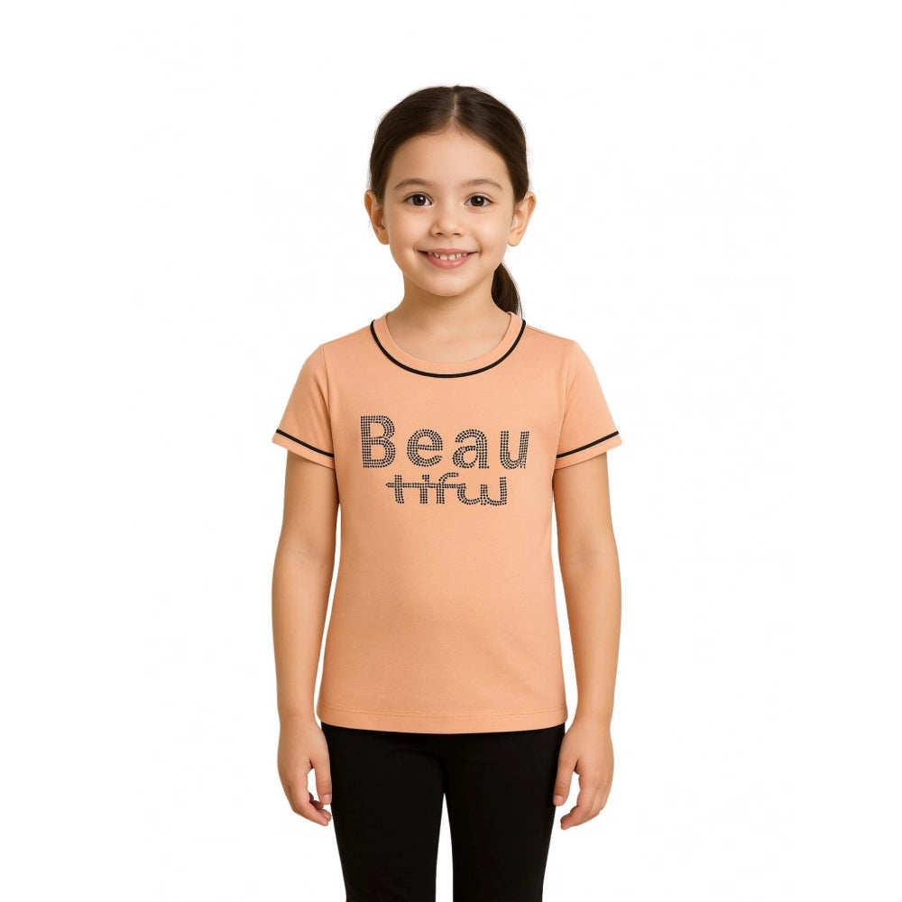 Girl's Cotton Printeded Round Neck T-Shirt (Black)