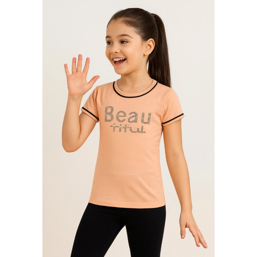 Girl's Cotton Printeded Round Neck T-Shirt (Black)