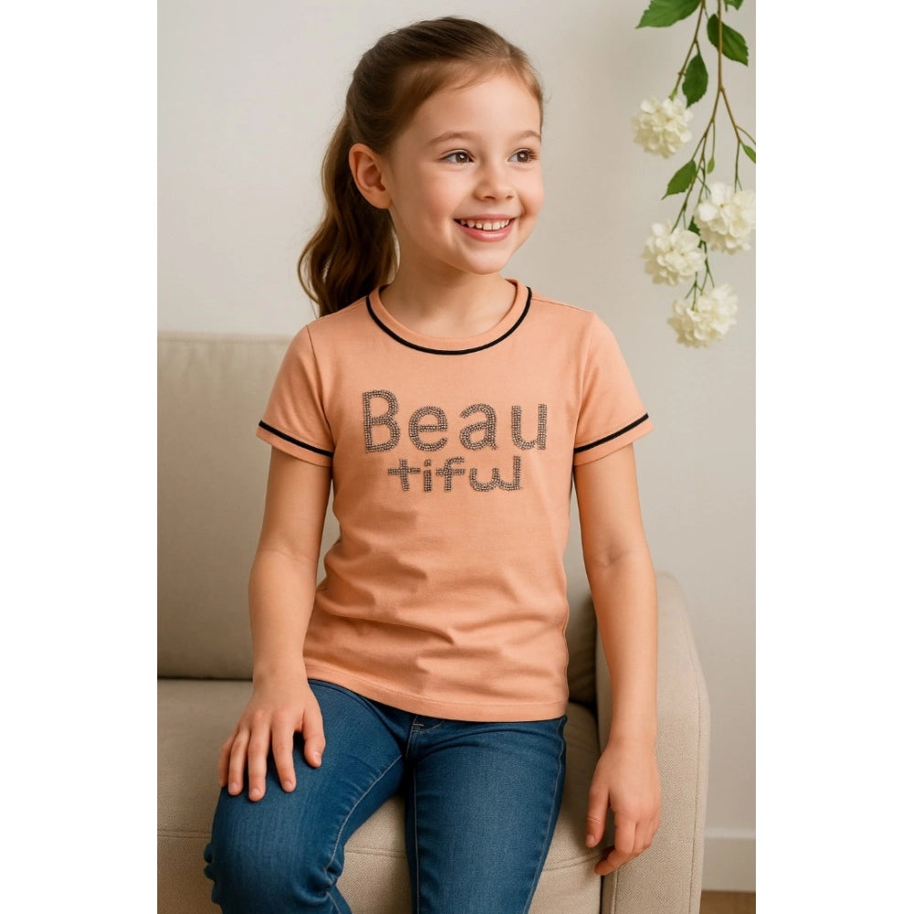 Girl's Cotton Printeded Round Neck T-Shirt (Black)