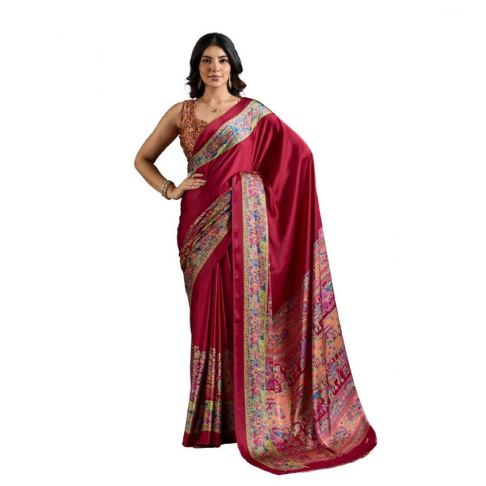 Satin Crepe Printed Saree With Unstitched Blouse 5.5Mtr (Maroon)