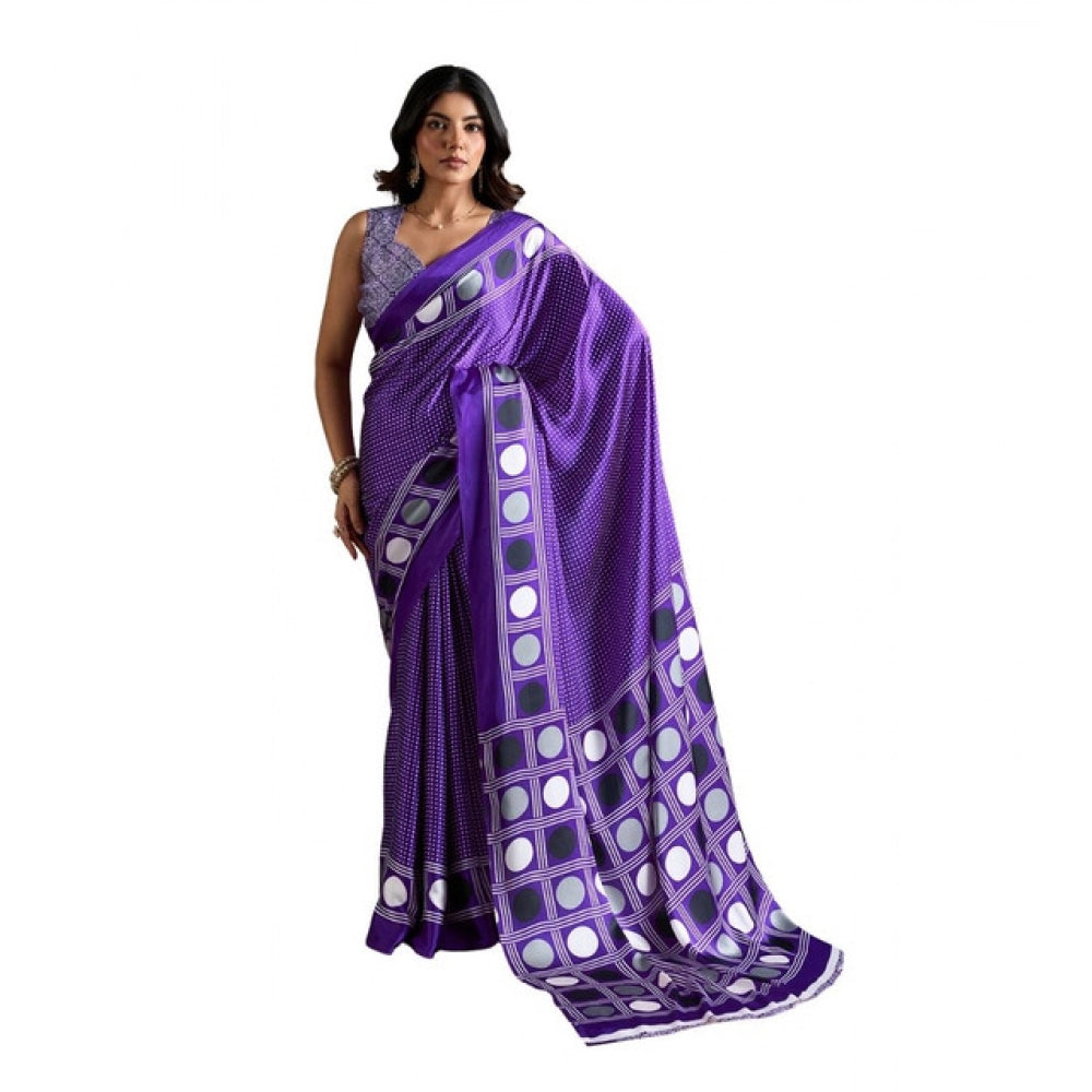 Satin Crepe Printed Saree With Unstitched Blouse 5.5Mtr (Purple)