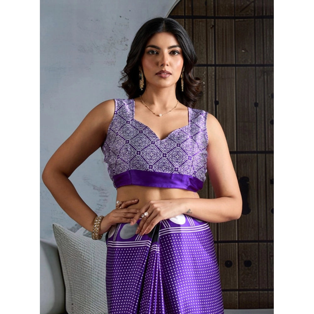 Satin Crepe Printed Saree With Unstitched Blouse 5.5Mtr (Purple)