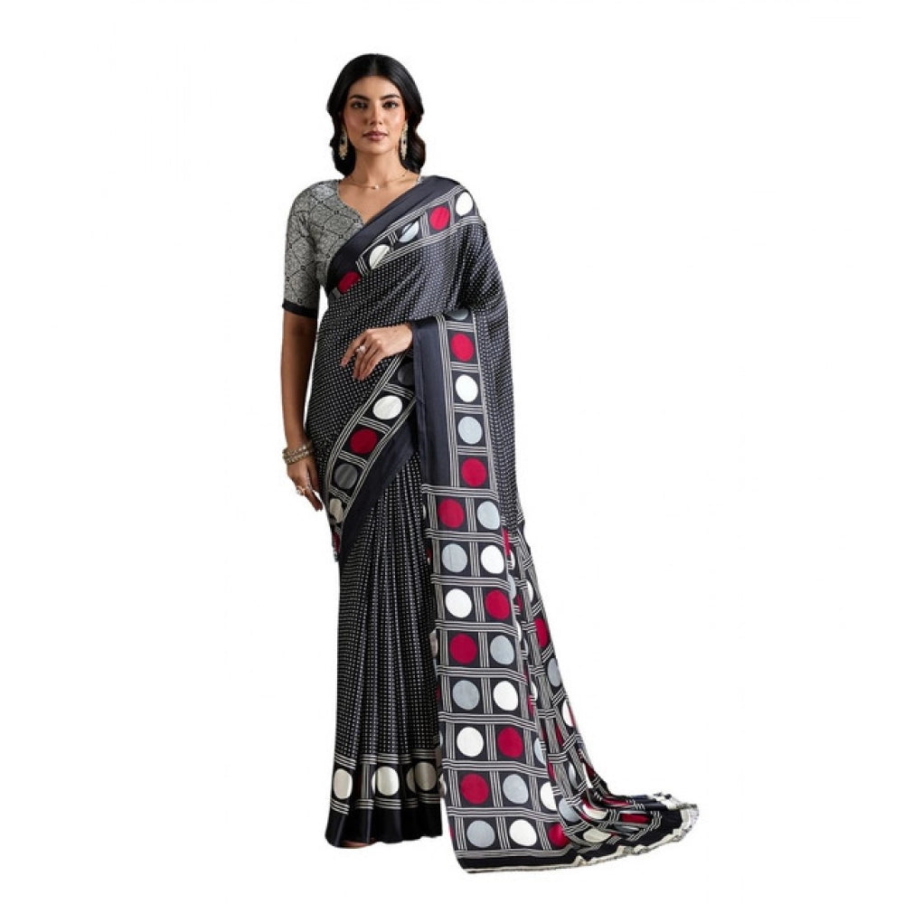 Satin Crepe Printed Saree With Unstitched Blouse 5.5Mtr (Black)