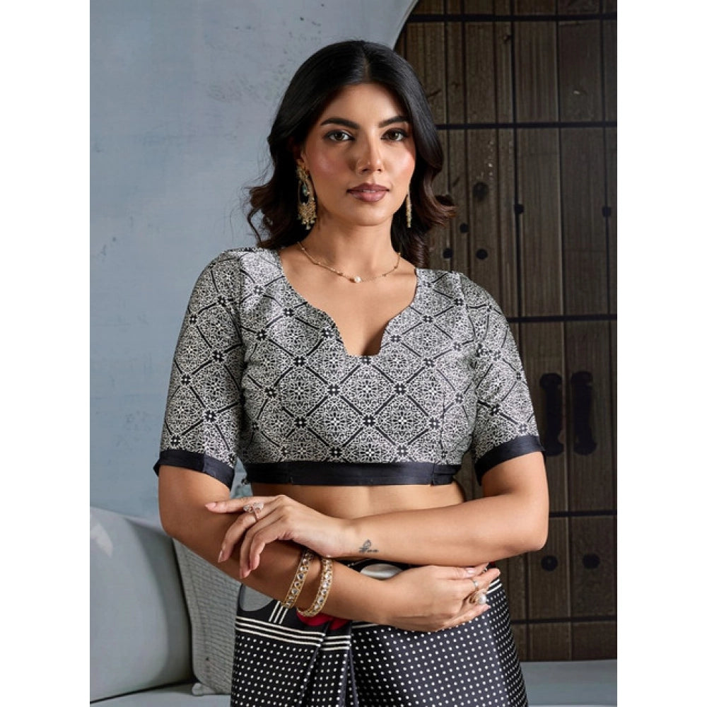 Satin Crepe Printed Saree With Unstitched Blouse 5.5Mtr (Black)