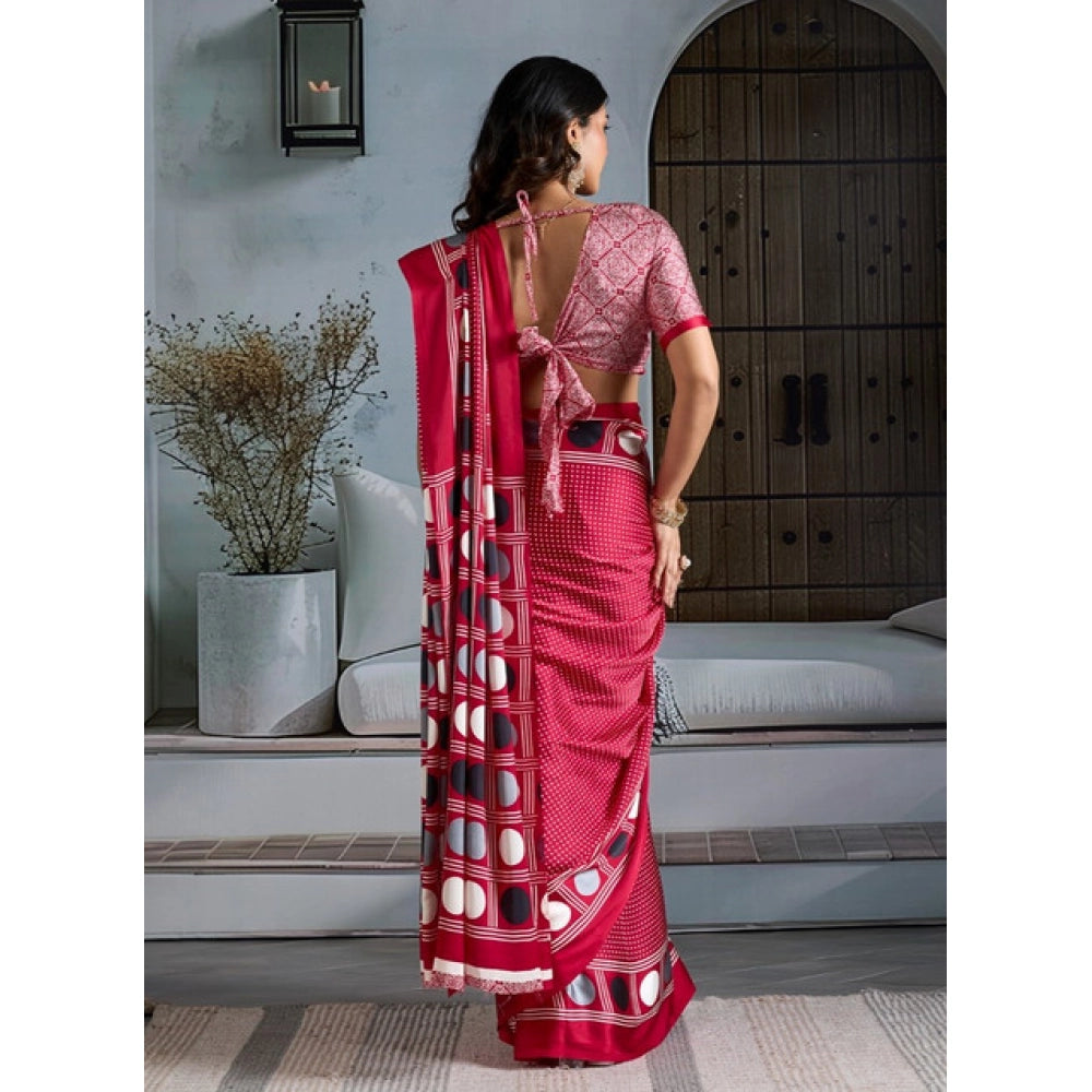 Satin Crepe Printed Saree With Unstitched Blouse 5.5Mtr (Red)