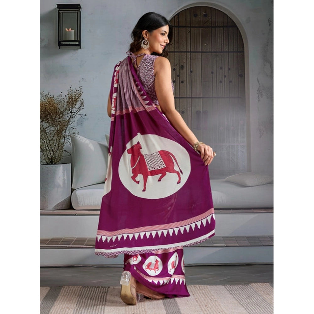 Satin Crepe Printed Saree With Unstitched Blouse 5.5Mtr (Purple)