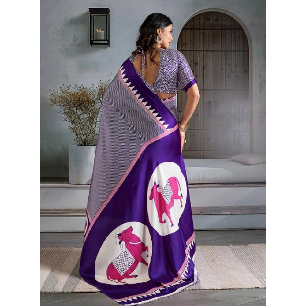 Satin Crepe Printed Saree With Unstitched Blouse 5.5Mtr (Purple)