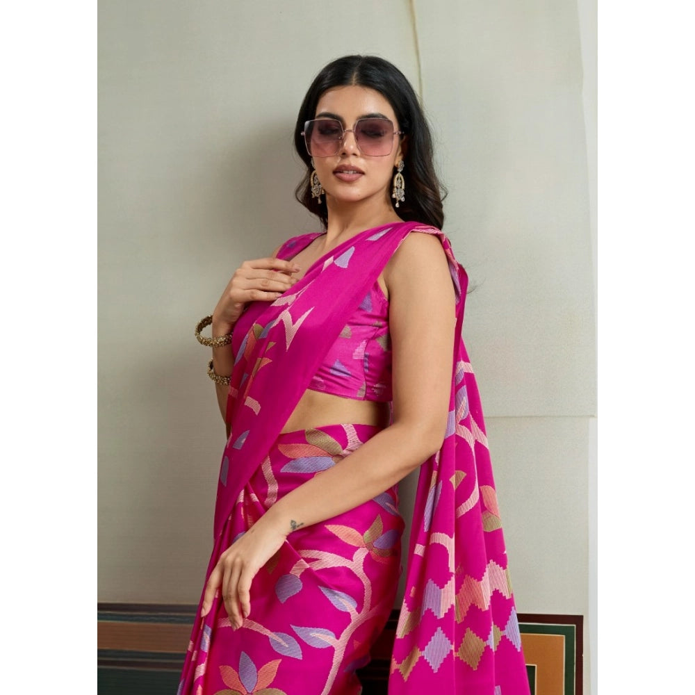 Satin Crepe Printed Saree With Unstitched Blouse 5.5Mtr (Maroon)