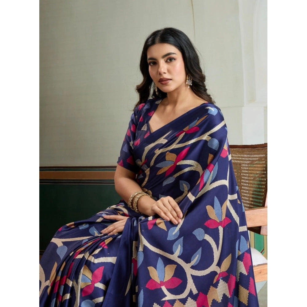Satin Crepe Printed Saree With Unstitched Blouse 5.5Mtr (Maroon)