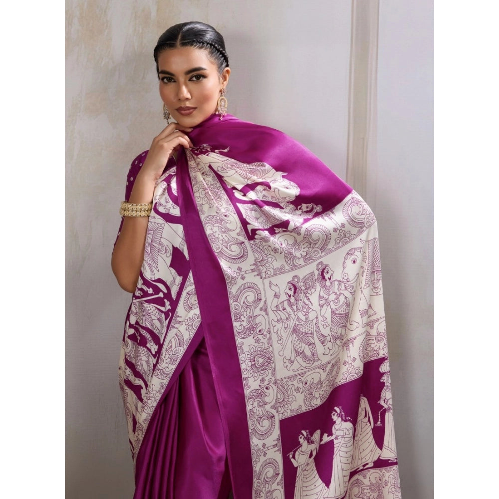 Satin Crepe Printed Saree With Unstitched Blouse 5.5Mtr (Purple)