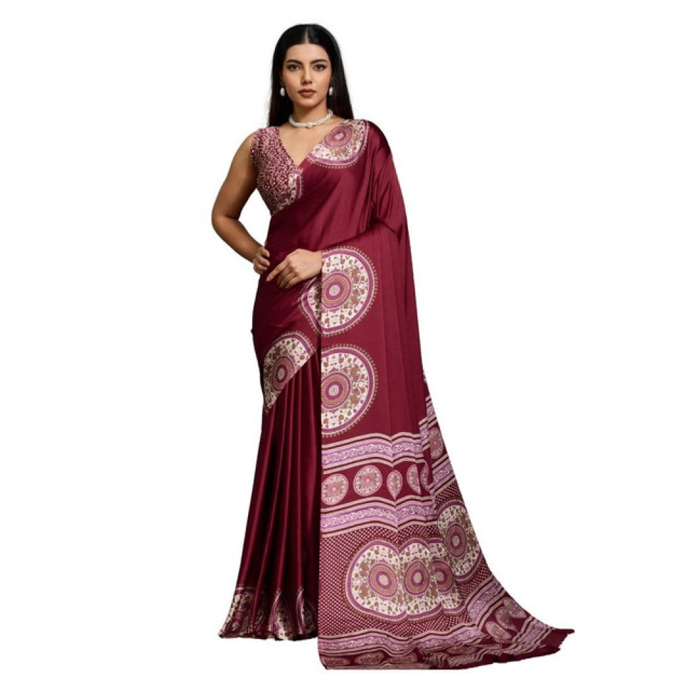 Satin Crepe Printed Saree With Unstitched Blouse 5.5Mtr (Maroon)