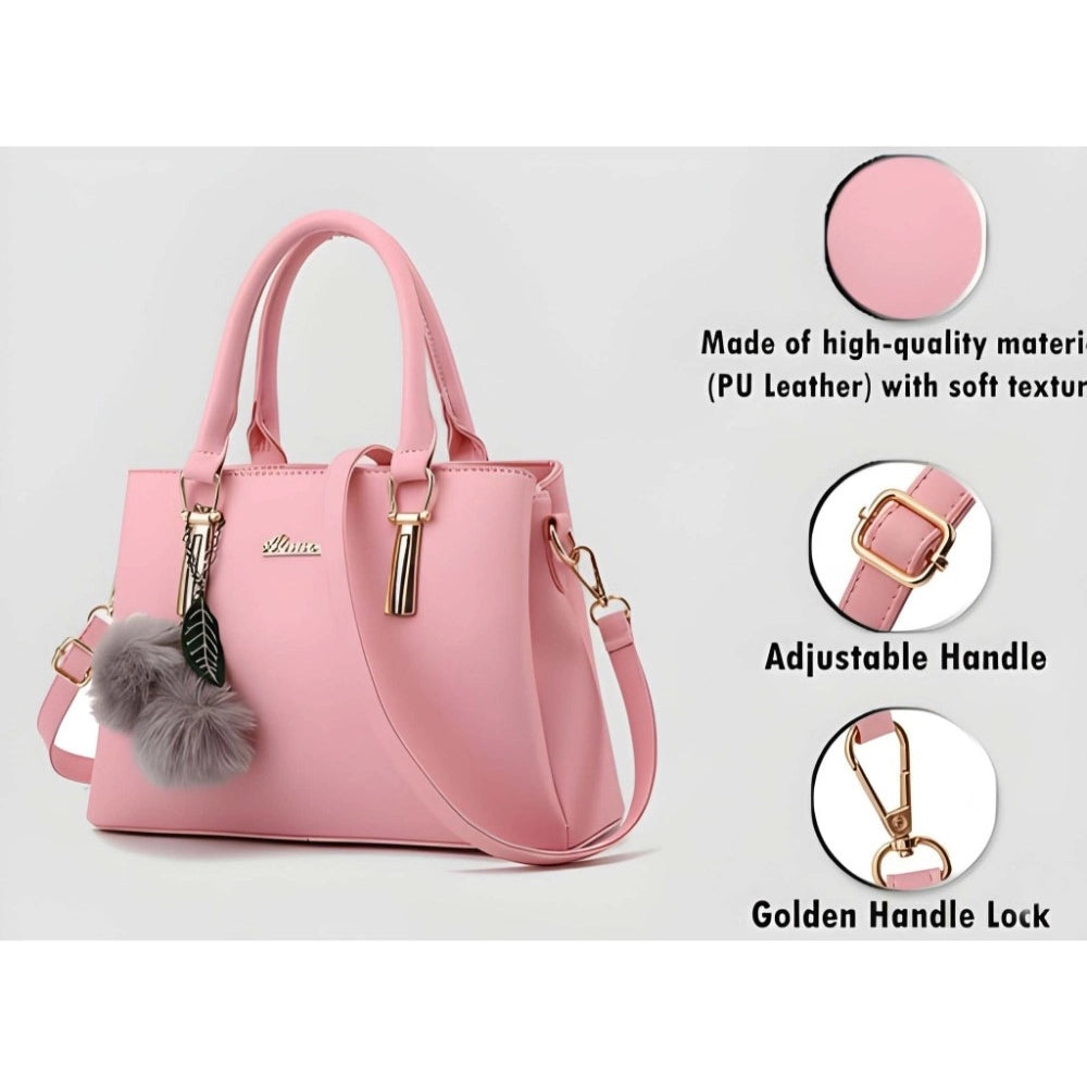 Women's PU Leather Solid Shoulder Zipper Handbag (Pink)