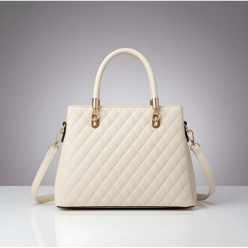 PU Leather Solid Shoulder Zipper Handbag (Cream)