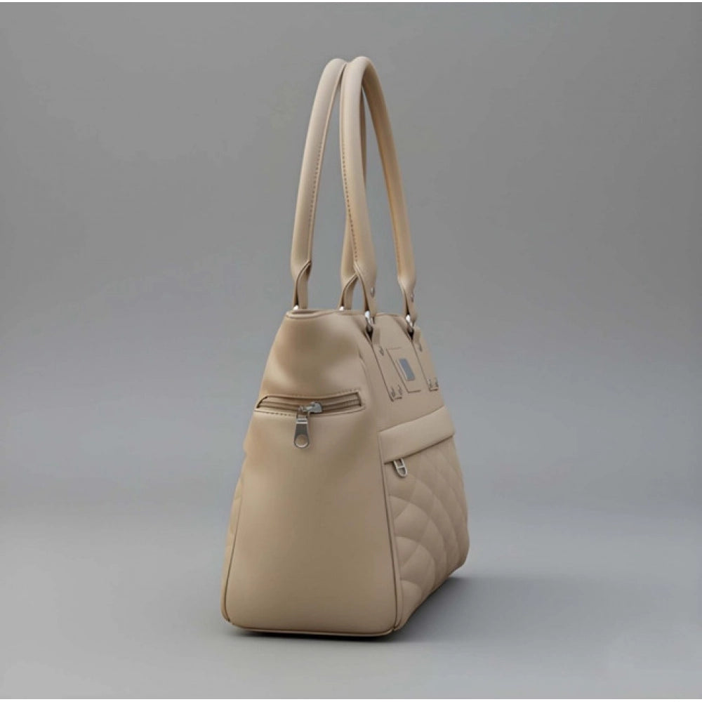 PU Leather Solid Shoulder Zipper Handbag (Cream)