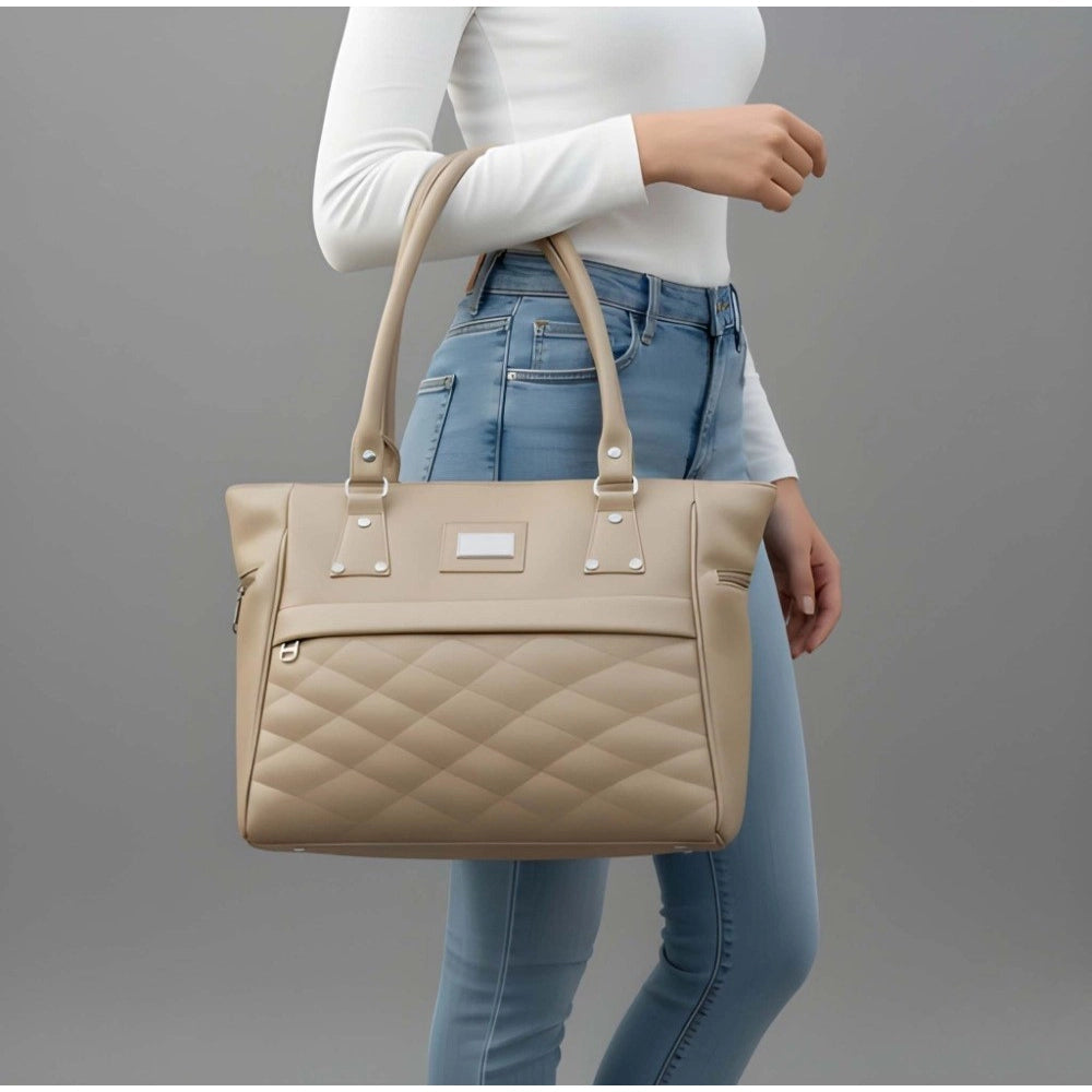 PU Leather Solid Shoulder Zipper Handbag (Cream)