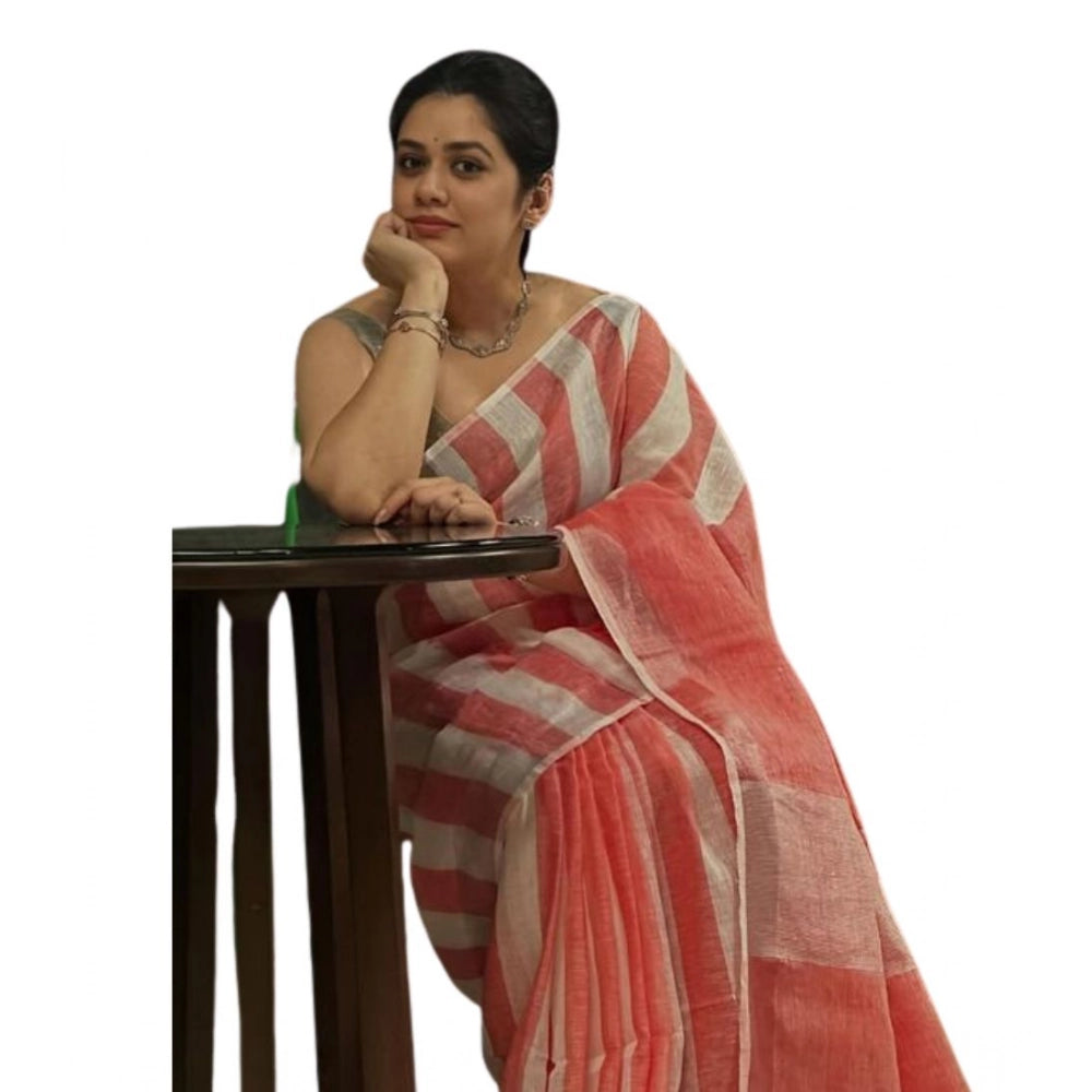 Linen Printed Saree With Unstitched Blouse 5.5Mtr (Brown)