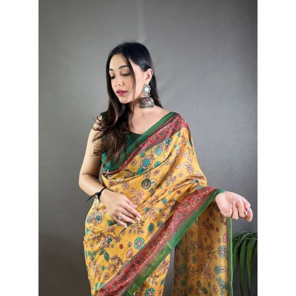 Linen Printed Saree With Unstitched Blouse 5.5Mtr (Yellow