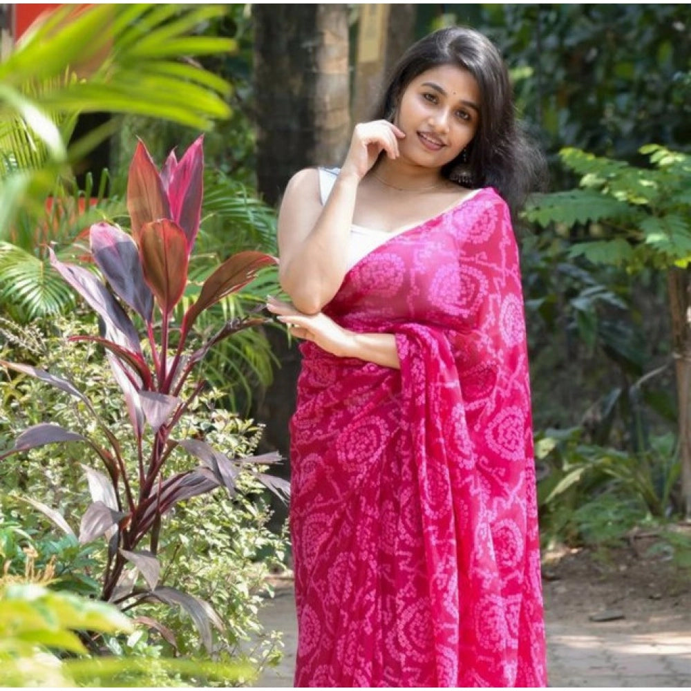 Georgette Printed Saree With Unstitched Blouse 5.5Mtr (Pink)