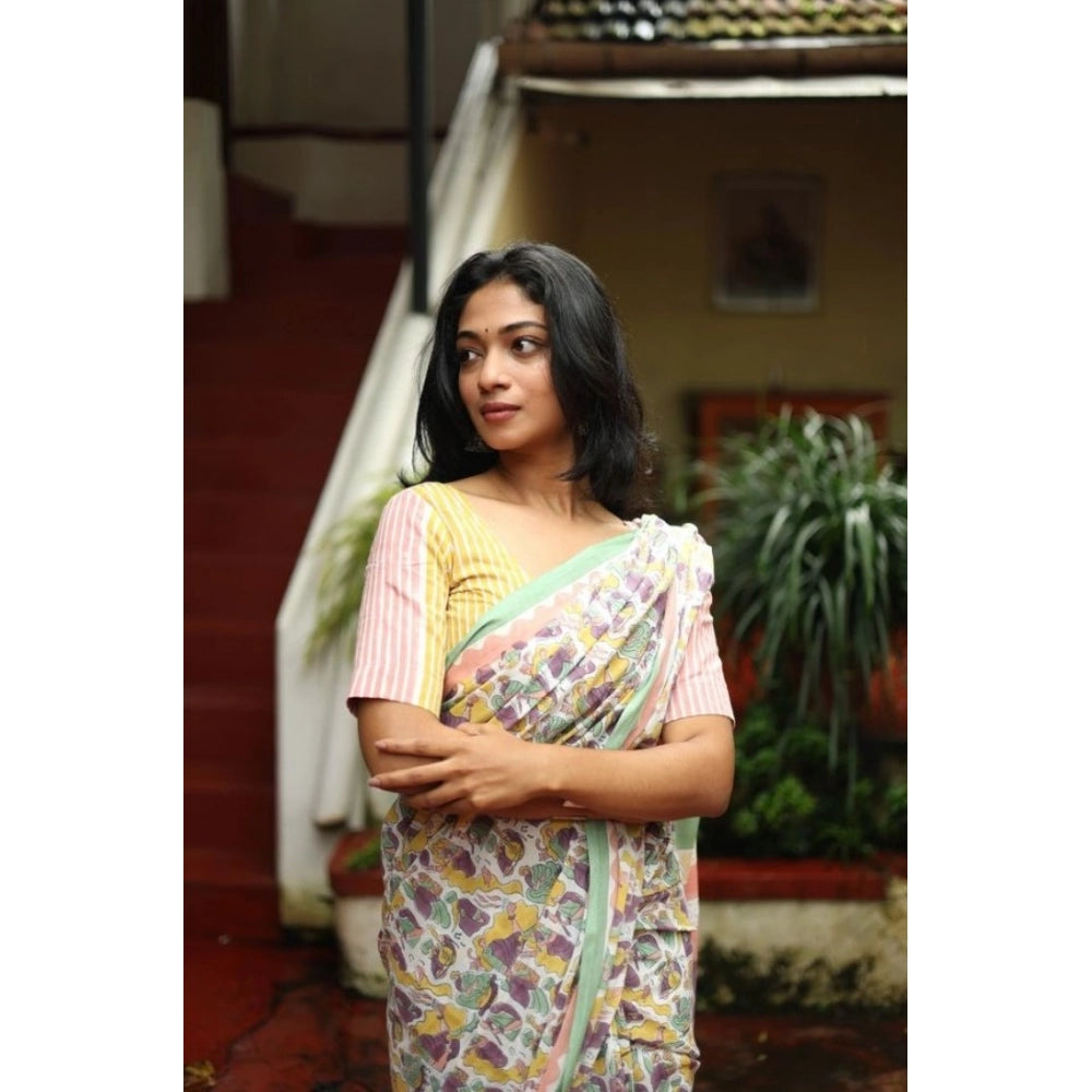 Linen Printed Saree With Unstitched Blouse 5.5Mtr (Multicolor)