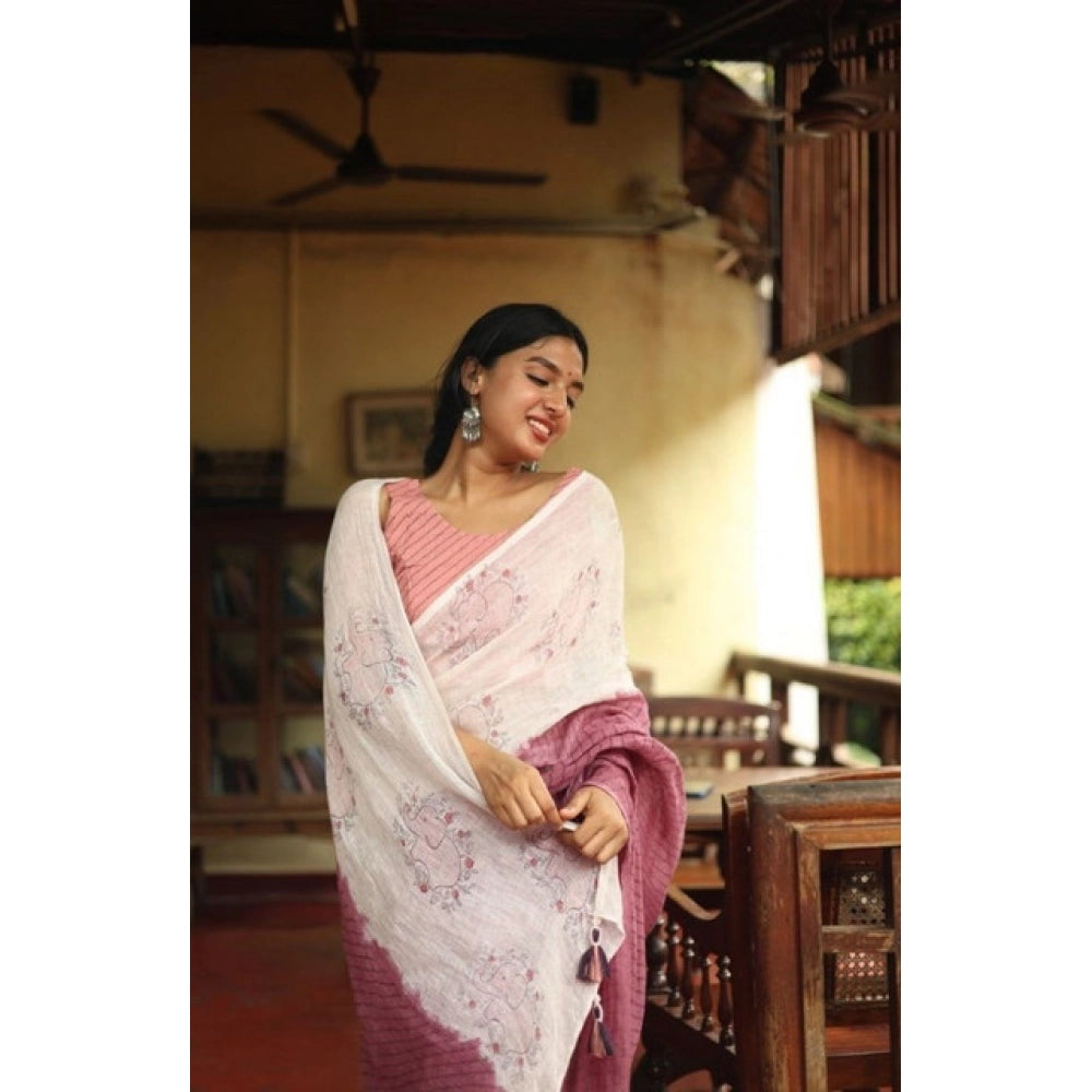 Linen Printed Saree With Unstitched Blouse 5.5Mtr (White)
