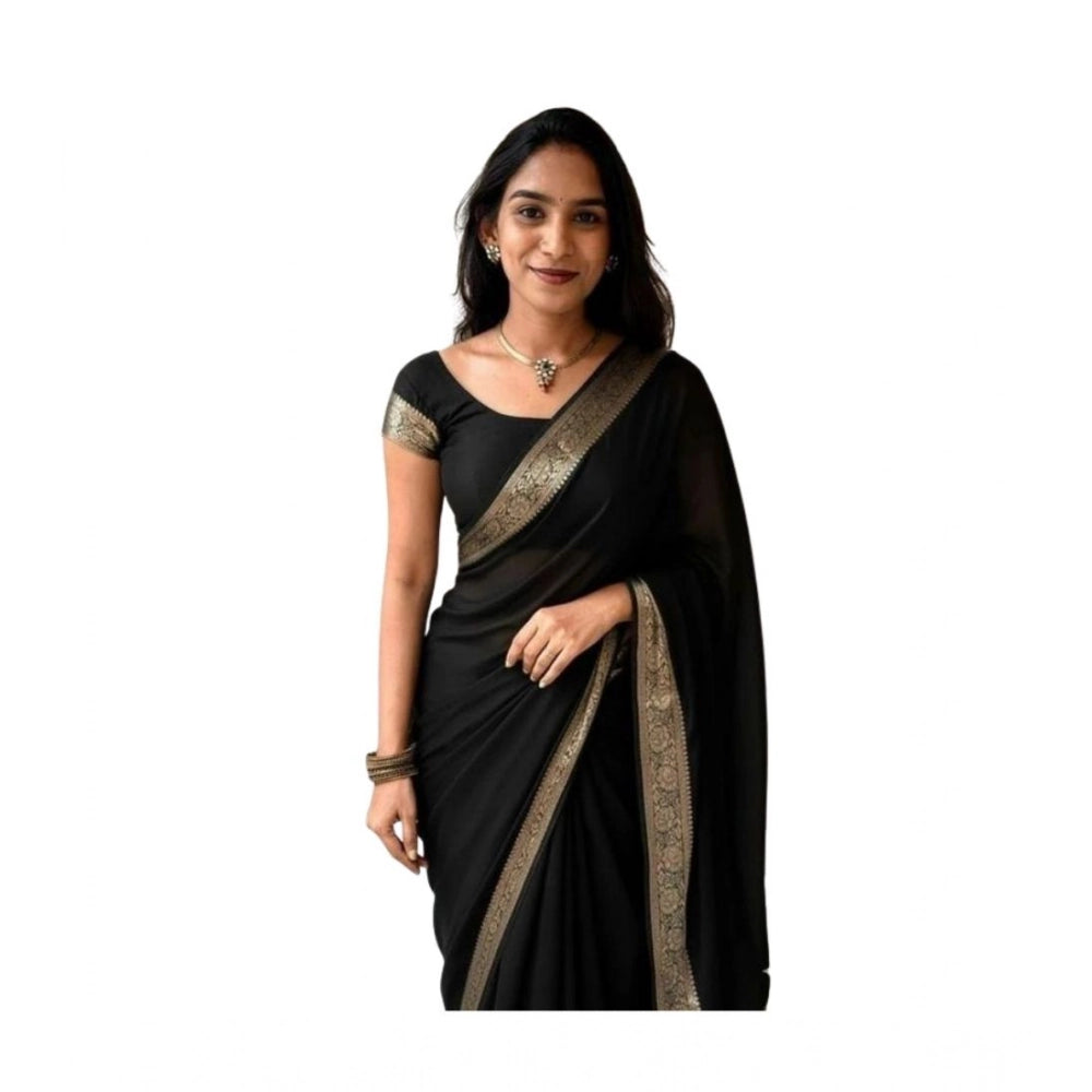 Vichitra Silk Printed Saree With Unstitched Blouse 5.5Mtr (Black)
